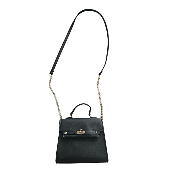Black Structured Crossbody Bag with Gold Chain Strap & Top Handle Purse - Picture 1 of 8